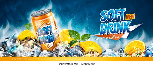 Soft drink banner ads with ice cubes and citrus elements in 3d illustration
