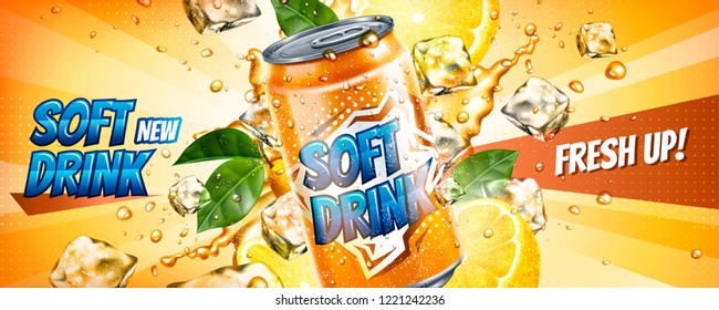 Soft Drink Banner Ads With Ice Cubes And Citrus Elements In 3d Illustration