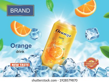 Soft drink banner ads with ice cubes. Orange beverage in aluminium can and citrus orange  fruit on mountain background 3d realistic illustration vector