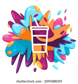 soft drink beverage glass with straw icon in colorful splat paint liquid splashing ink splash vector design creative illustration