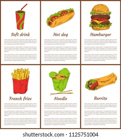 Soft drink beverage and noodles with chopsticks. Fast food posters set. French fries and hamburger with bun and mexican burrito vector illustration