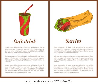 Soft drink with burrito color vector illustrations, isolated on white icons of wrapped dough with mexican snack and chill beverage with red straw