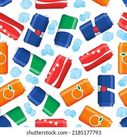 Soft drink can seamless pattern. Colorful backdrop. Drink icons set vector. Soda and ice cubes. Decorative illustration, good for printing. Wallpaper design