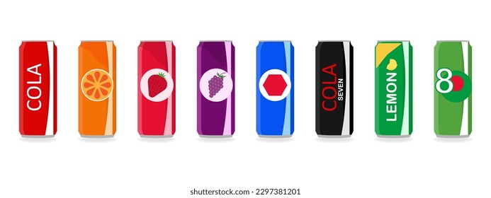 Soft Drink Can. Soda Aluminum Cans. Aluminium Drink Cans. Carbonated non-alcoholic water. Vector Illustration Isolated on White Background.