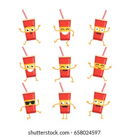 Soft Drink Cartoon Character - modern vector set of mascot illustrations - dancing, smiling, having a good time. Emoticons, emotions, coolness, surprise, blinking,