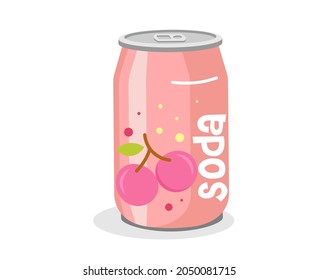 Soft drink Cartoon pink can. Vector illustration of soda drink aluminum can with splashing water droplets on the label. Isolated, eps 10.