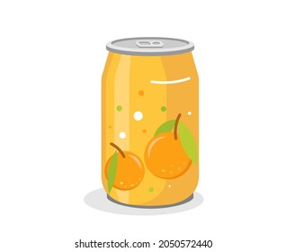 Soft drink Cartoon pink can. Vector illustration of soda drink aluminum can with juicy oranges fruits and colorful dots on the label. Isolated, eps 10