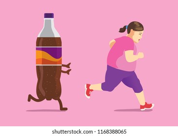 Soft drink chasing fat woman while she run away. illustration about diet and lose weight.