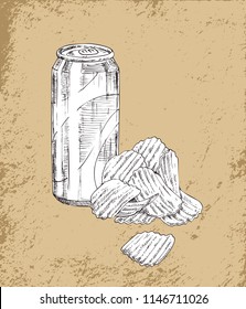 Soft drink and chips monochrome sketches outline set. Beer poured in aluminum can accompanied by fried potatoes slices with salt vector illustration
