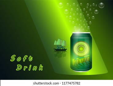 soft drink contained in metal jars with kiwi, green background with ship
