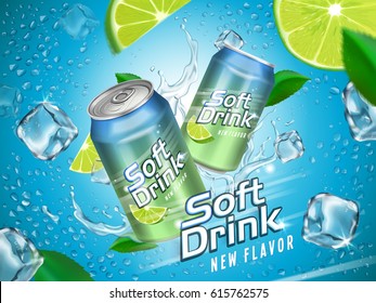 Soft Drink Contained In Metallic Cans With Lemon And Ice Cube Elements, Light Blue Background