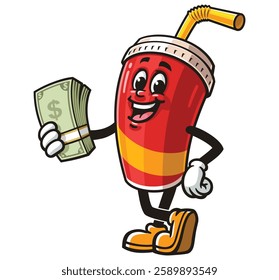 Soft drink cup character mascot cartoon holding cash