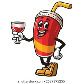 Soft drink cup character mascot cartoon is holding a glass of drink