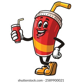 Soft drink cup character mascot cartoon is holding a soft drink