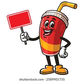 Soft drink cup character mascot cartoon holding a blank sign board