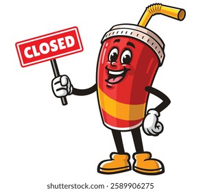 Soft drink cup character mascot cartoon holding a closed sign