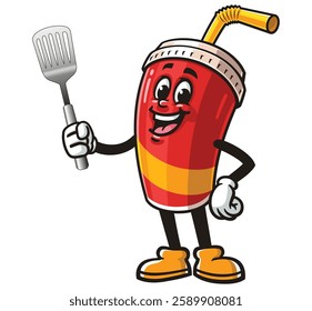 Soft drink cup character mascot cartoon holding a spatula