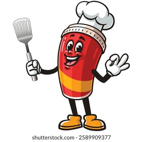 Soft drink cup character mascot cartoon holding a spatula and wearing a chef's hat