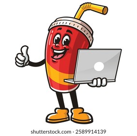 Soft drink cup character mascot cartoon holding a laptop