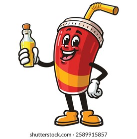 Soft drink cup character mascot cartoon holding a bottle of extract essence