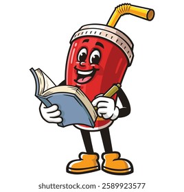 Soft drink cup character mascot cartoon holding a book