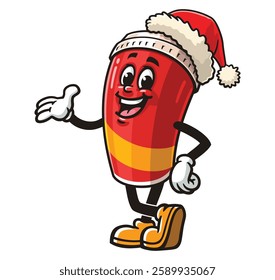 Soft drink cup character mascot cartoon wearing a Christmas hat