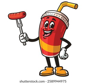 Soft drink cup character mascot cartoon holding sausage