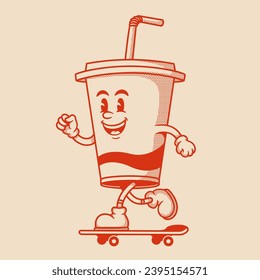 Personaje de la taza de refresco, mascota de dibujos animados retro