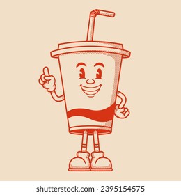 Soft drink cup character, retro cartoon mascot