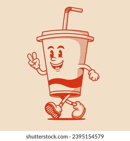 Soft drink cup character, retro cartoon mascot