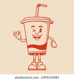 Soft drink cup character, retro cartoon mascot