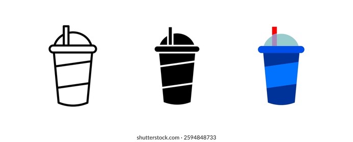 Soft drink cup straw icon. Refreshing beverage symbol. Takeaway soda vector illustration. Fast food drink container pictogram. Classic plastic cup with lid and straw for cold drinks.