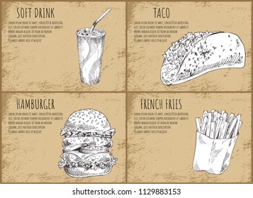 Soft drink fastfood posters in plastic cup with ice cubes. Taco dish and hamburger, buns with meat. French fries in package set vector illustration