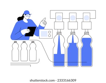 Soft drink filling machine abstract concept vector illustration. Filling machine for soda water, carbonated drinks manufacturing, beverage production factory, food industry abstract metaphor.