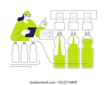 Soft drink filling machine abstract concept vector illustration. Filling machine for soda water, carbonated drinks manufacturing, beverage production factory, food industry abstract metaphor.