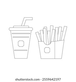 Soft drink and french fries. Fast food icon sign. Outline flat design on white background. Vector illustration