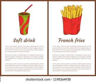Soft drink and French fries in package. Beverage in plastic cup with straw and fried potatoes sticks. Traditional food posters set vector illustration