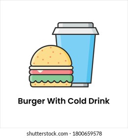 Soft drink glass with hamburger, junk food flat vector icon