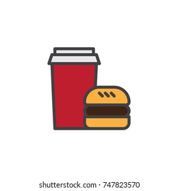 Soft drink and hamburger filled outline icon, line vector sign, linear colorful pictogram isolated on white. Fast food symbol, logo illustration. Pixel perfect vector graphics