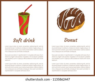 Soft drink with ice and tasty round donut banner, vector illustrations of fast food and text sample, soda with red straw and glazed pastry doughnut