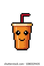 Soft drink icon. Fruit juice. Soda, cola in disposable cup. Fast food. Cocktail. Pixel art. Vector Illustration isolated on white background.