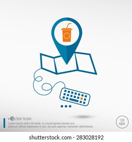 Soft drink icon and pin on the map. Line icons for application development, creative process. 