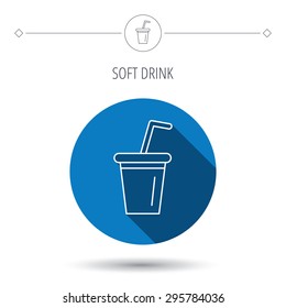 Soft drink icon. Soda sign. Blue flat circle button. Linear icon with shadow. Vector