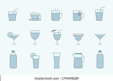 Bebida suave Juego de iconos - Símbolos de color vectorial del agua, soda, jugo, cóctel, taza, lata, taza, café, té para el sitio o interfaz