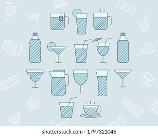 Soft drink Icons set - Vector color symbols and outline of water, soda, juice, cocktail, cup, can, mug, coffee, tea for the site or interface