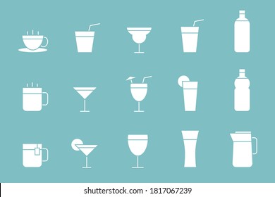 Soft drink Icons set - Vector silhouettes of water, soda, juice, cocktail, cup, can, mug, coffee, tea for the site or interface