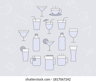 Soft drink Icons set - Vector color symbols and outline of water, soda, juice, cocktail, cup, can, mug, coffee, tea for the site or interface