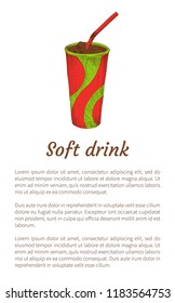 Soft drink isolated on white vector illustration, cold liquid with ice in colorful cardboard cup with red and green print, chill beverage, text sample