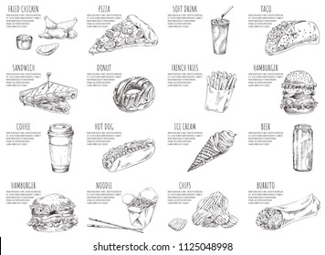 Soft drink and italian pizza sketches on posters. Hamburgers and fried chicken served with sauce. Ice cream and noodles in box vector illustration