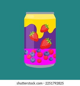 Soft drink or juice with berries in aluminium can. Sweet berry soda, fizzy canned berry drink, sweet berry juice, tonic on white background cartoon illustration. Liquid, beverage concept